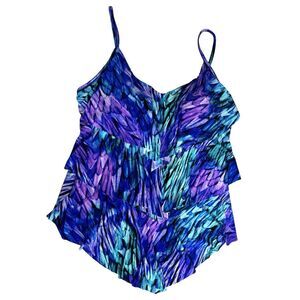 Magicsuit Size 16  Tiered Ruffle Tankini Top Blue Black Womens Shelf Soft Bra
